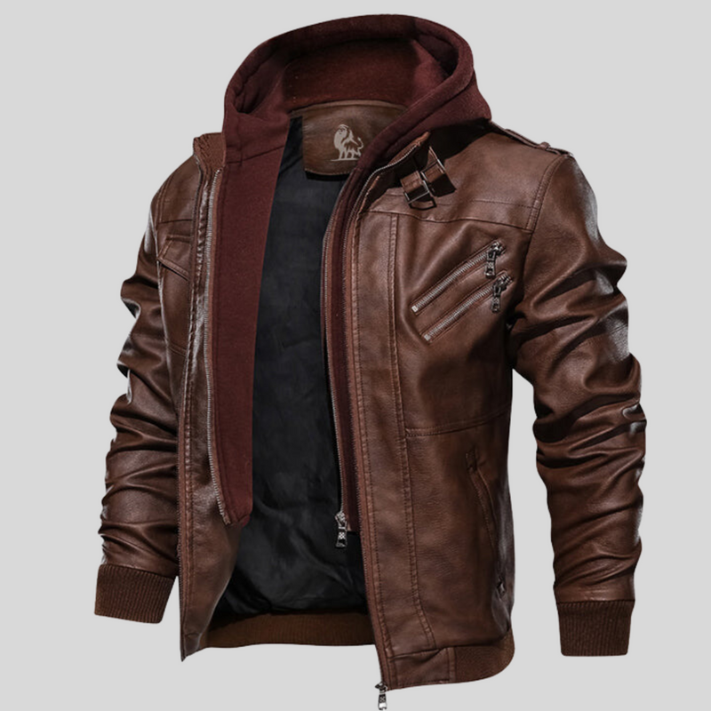 Ryder Men's Faux Leather Jacket with Removable Hood-Brown-S-State of Style