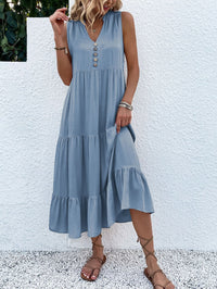 Saskia Radiant Summer Dress with Tiered Hem and Buttons-Blue-S-State of Style