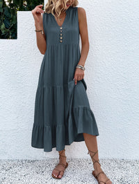 Saskia Radiant Summer Dress with Tiered Hem and Buttons-Dark Gray-S-State of Style