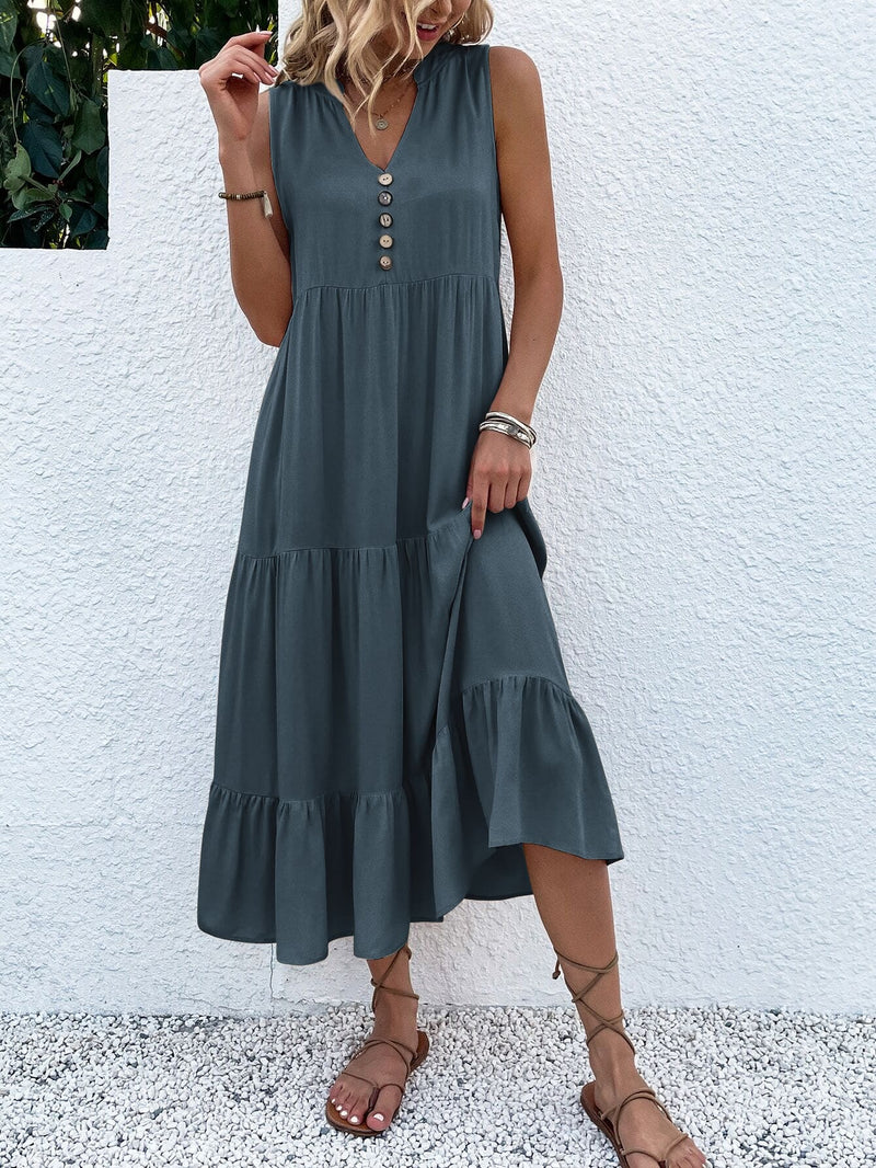 Saskia Radiant Summer Dress with Tiered Hem and Buttons-Dark Gray-S-State of Style