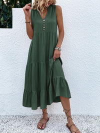 Saskia Radiant Summer Dress with Tiered Hem and Buttons-Green-S-State of Style