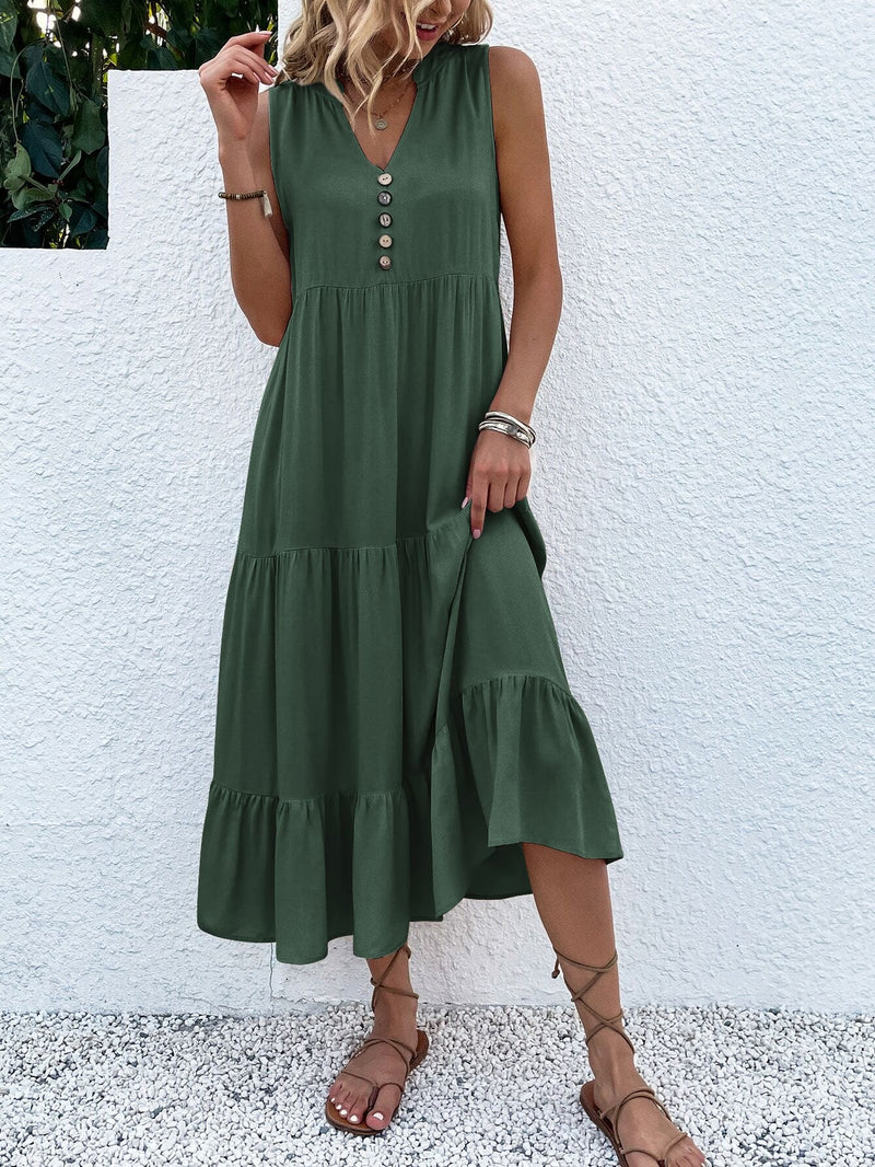 Saskia Radiant Summer Dress with Tiered Hem and Buttons-Green-S-State of Style