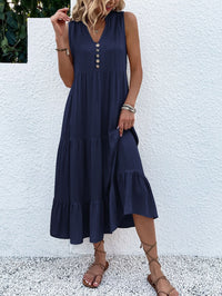 Saskia Radiant Summer Dress with Tiered Hem and Buttons-Navy Blue-S-State of Style
