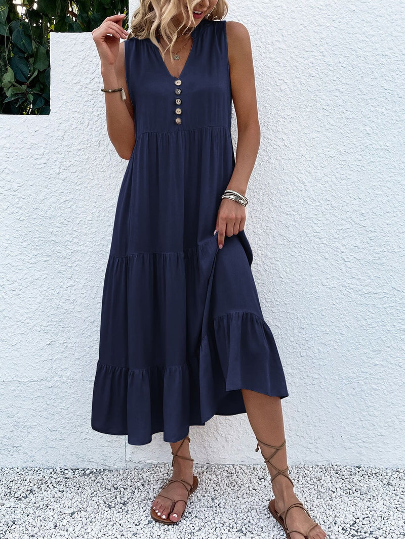 Saskia Radiant Summer Dress with Tiered Hem and Buttons-Navy Blue-S-State of Style