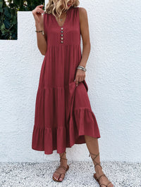 Saskia Radiant Summer Dress with Tiered Hem and Buttons-Red-S-State of Style
