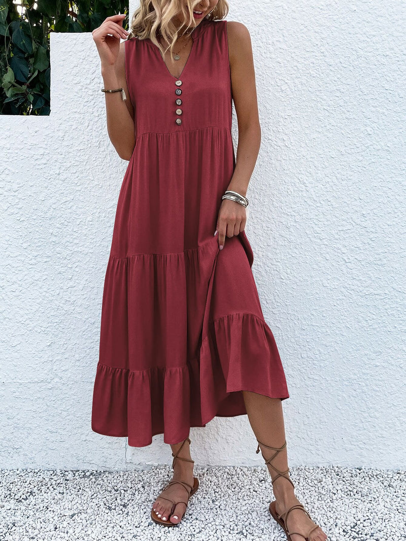 Saskia Radiant Summer Dress with Tiered Hem and Buttons-Red-S-State of Style