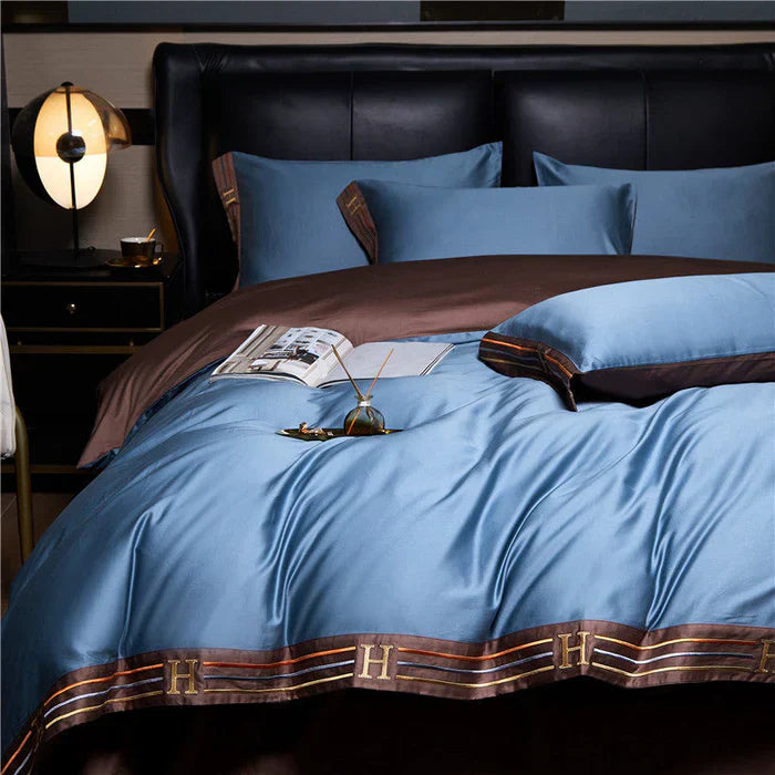 Satin Cotton Embroidered Bedding Set - Luxora-Blue-135x200cm-40x40cm-State of Style