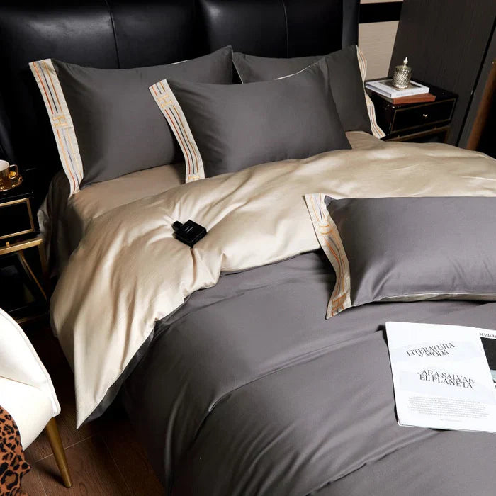 Satin Cotton Embroidered Bedding Set - Luxora-Grey-135x200cm-40x40cm-State of Style