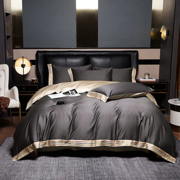 Satin Cotton Embroidered Bedding Set - Luxora-Grey-135x200cm-40x40cm-State of Style