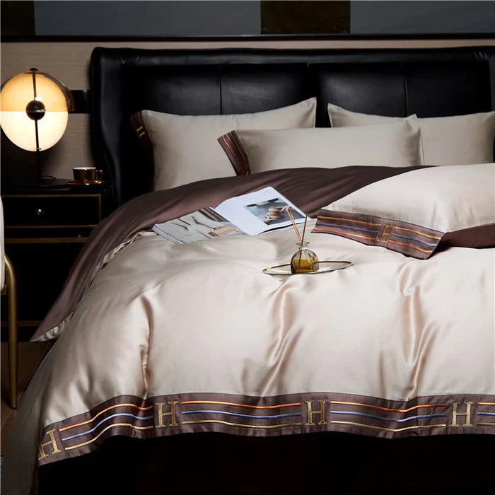 Satin Cotton Embroidered Bedding Set - Luxora-Khaki-135x200cm-40x40cm-State of Style