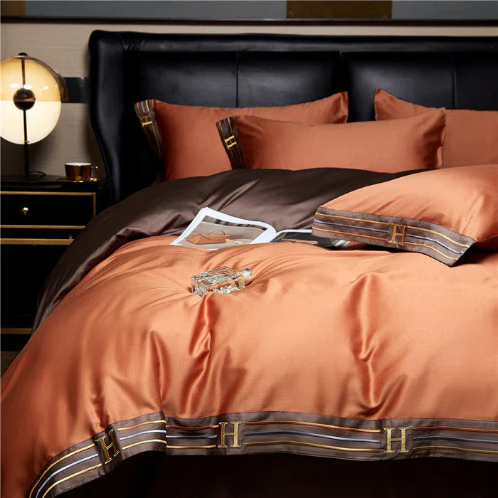 Satin Cotton Embroidered Bedding Set - Luxora-Orange-135x200cm-40x40cm-State of Style
