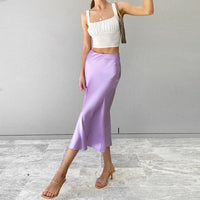 Satin shimmering women's midi skirt in A-line with high waist – Liora-Black-S-State of Style
