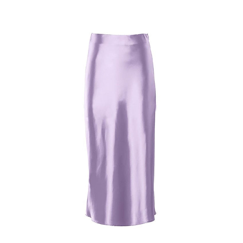 Satin shimmering women's midi skirt in A-line with high waist – Liora-Purple-S-State of Style