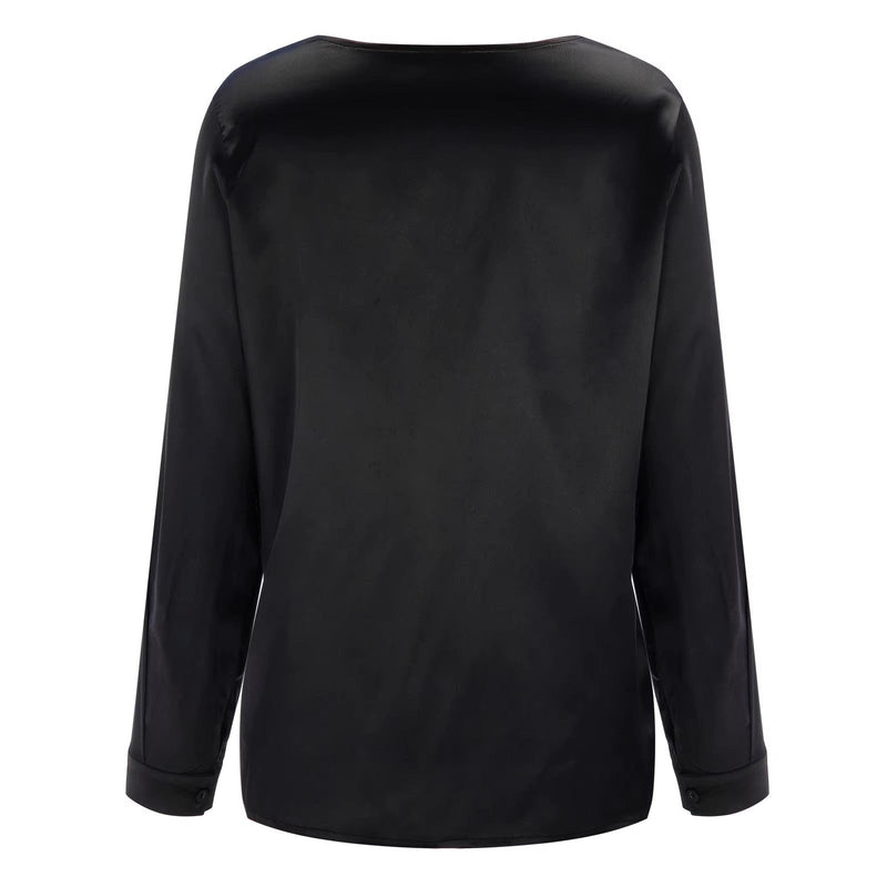 Satin women's shirt with deep V-neck & long sleeves – Daria-Black-S-State of Style