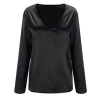 Satin women's shirt with deep V-neck & long sleeves – Daria-Black-S-State of Style