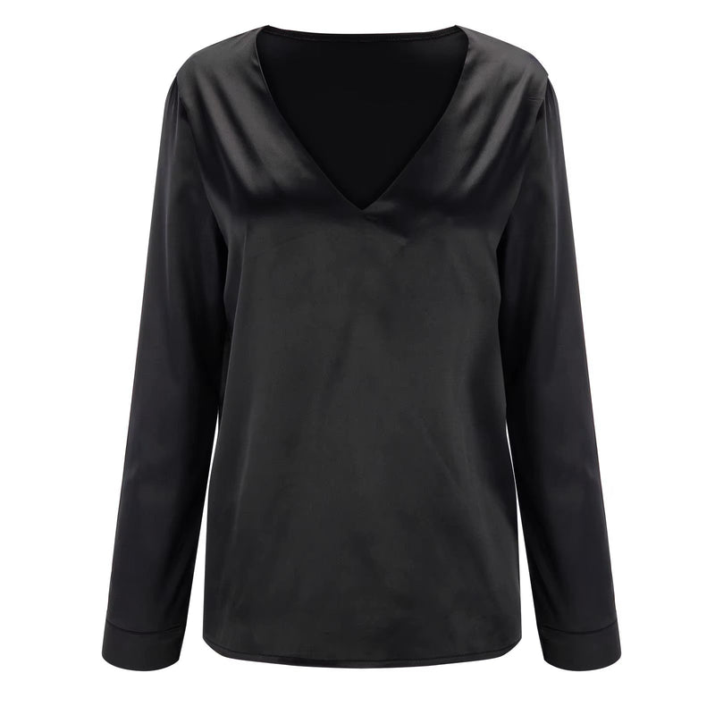 Satin women's shirt with deep V-neck & long sleeves – Daria-Black-S-State of Style
