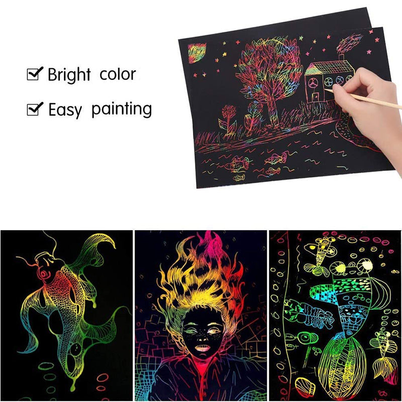 Scratch Card Set with Magical Rainbow Colours – ColorBurst-50× paper + 4× template cards + 5 magical pencils + 1× brush and sharpener-State of Style