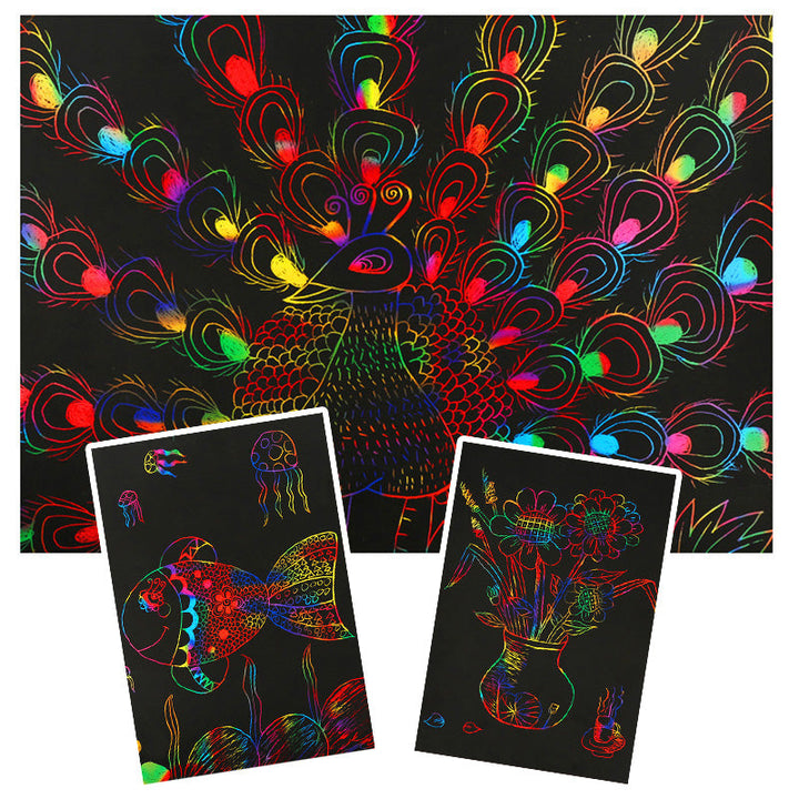 Scratch Card Set with Magical Rainbow Colours – ColorBurst-50× paper + 4× template cards + 5 magical pencils + 1× brush and sharpener-State of Style