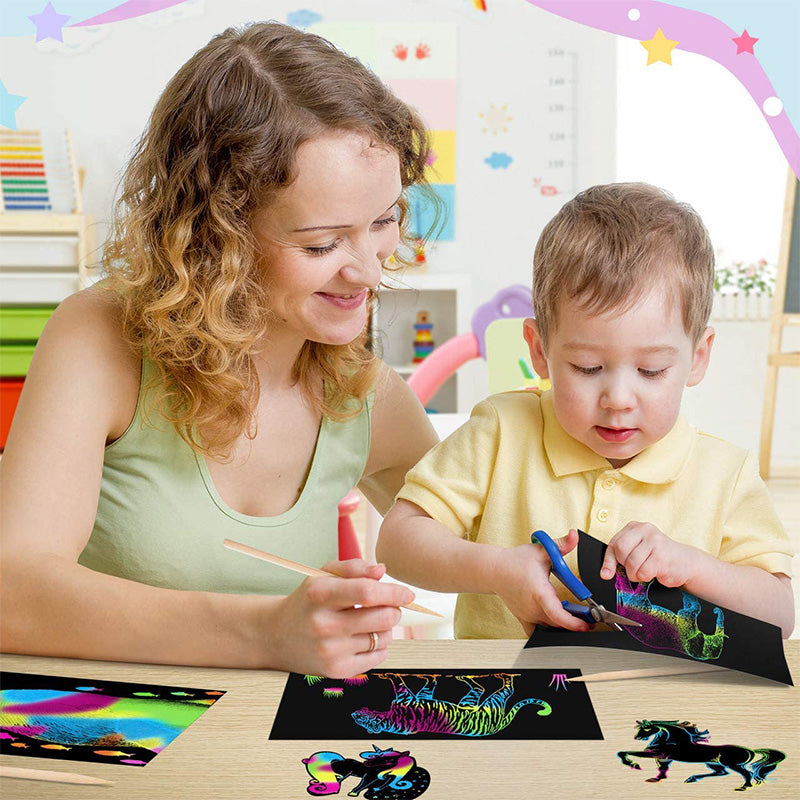 Scratch Card Set with Magical Rainbow Colours – ColorBurst-50× paper + 4× template cards + 5 magical pencils + 1× brush and sharpener-State of Style