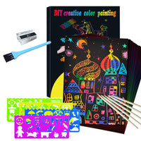 Scratch Card Set with Magical Rainbow Colours – ColorBurst-50× paper + 4× template cards + 5 magical pencils + 1× brush and sharpener-State of Style