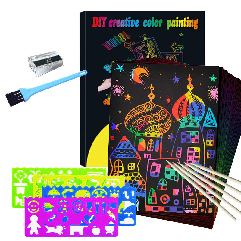 Scratch Card Set with Magical Rainbow Colours – ColorBurst-50× paper + 4× template cards + 5 magical pencils + 1× brush and sharpener-State of Style