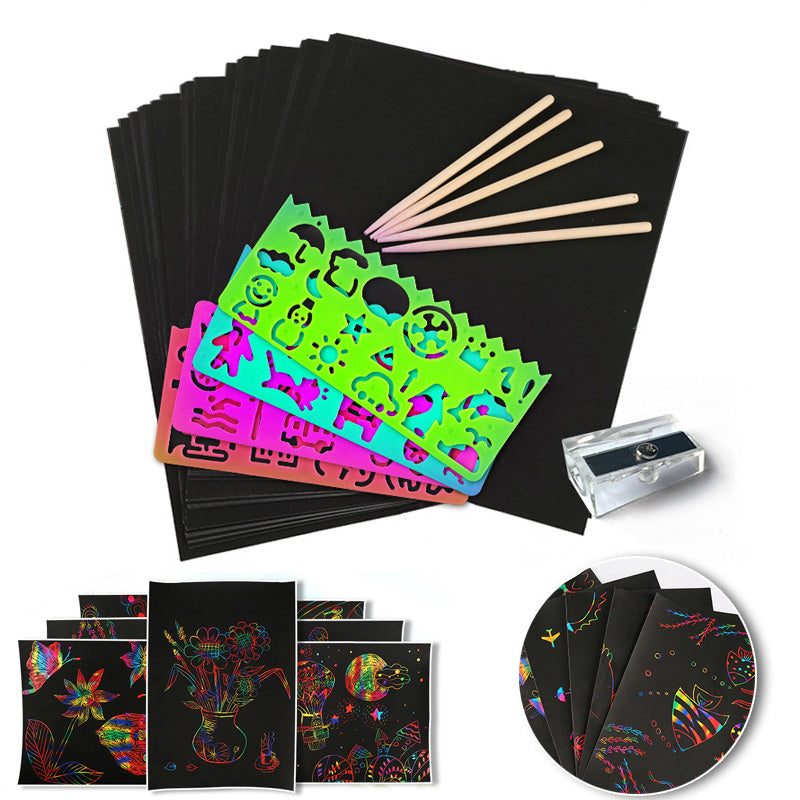Scratch Card Set with Magical Rainbow Colours – ColorBurst-50× paper + 4× template cards + 5 magical pencils + 1× brush and sharpener-State of Style