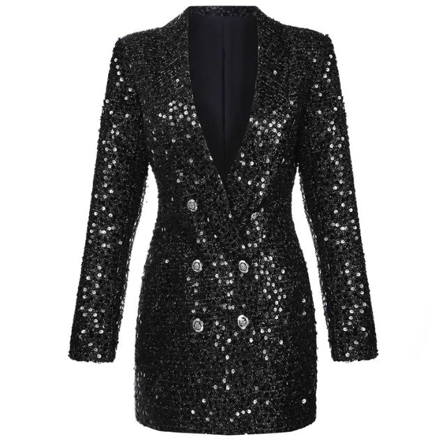 Sequin Blazer Jumpsuit with Double Breasted Buttons - Stella-Black-XS-State of Style