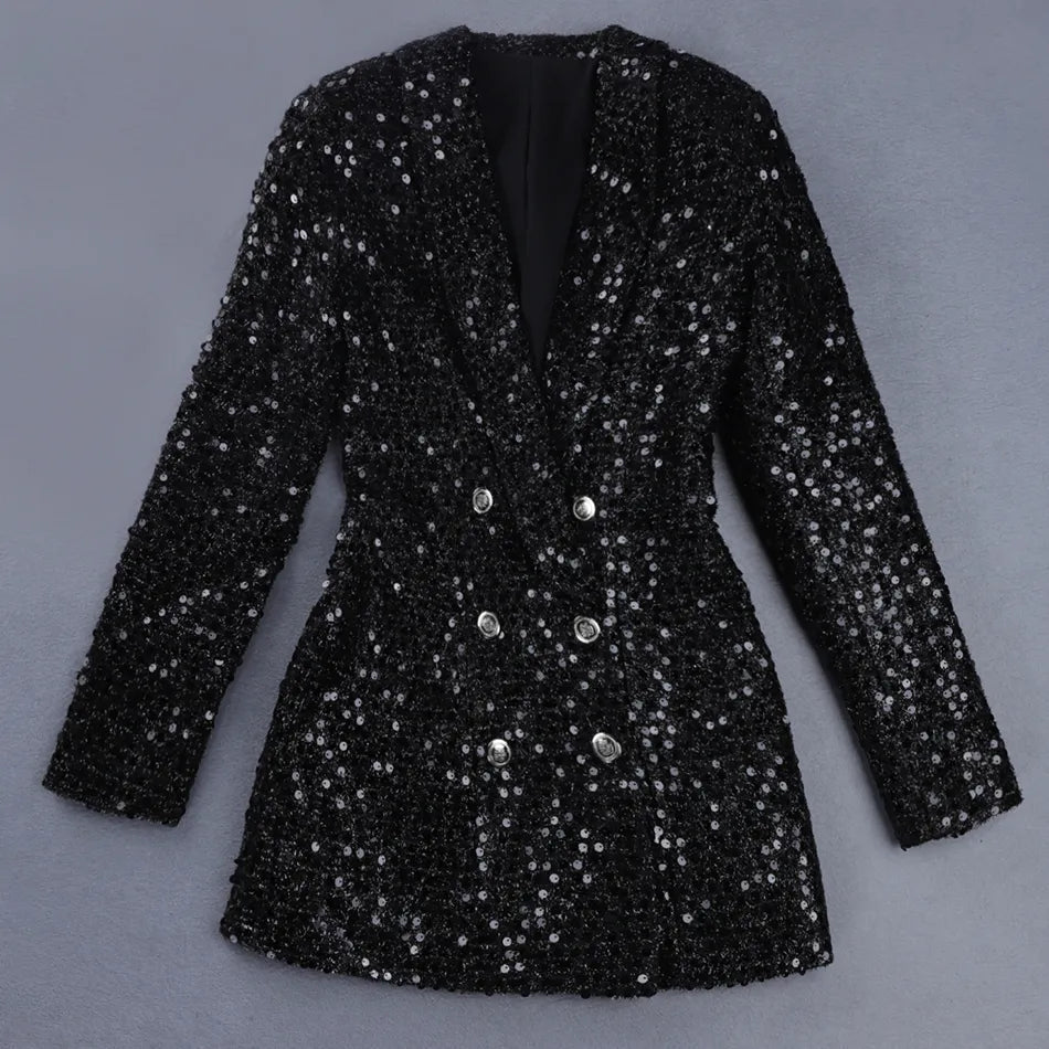 Sequin Blazer Jumpsuit with Double Breasted Buttons - Stella-Black-XS-State of Style