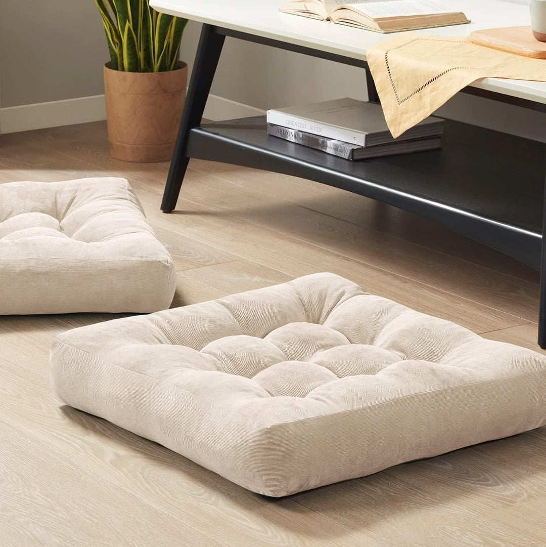 Set of 2 Meditation Cushions - Large Tufted Corduroy Cushions-Beige-State of Style