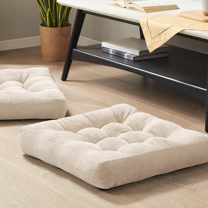 Set of 2 Meditation Cushions - Large Tufted Corduroy Cushions-Beige-State of Style