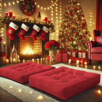Set of 2 Meditation Cushions - Large Tufted Corduroy Cushions-Red-State of Style