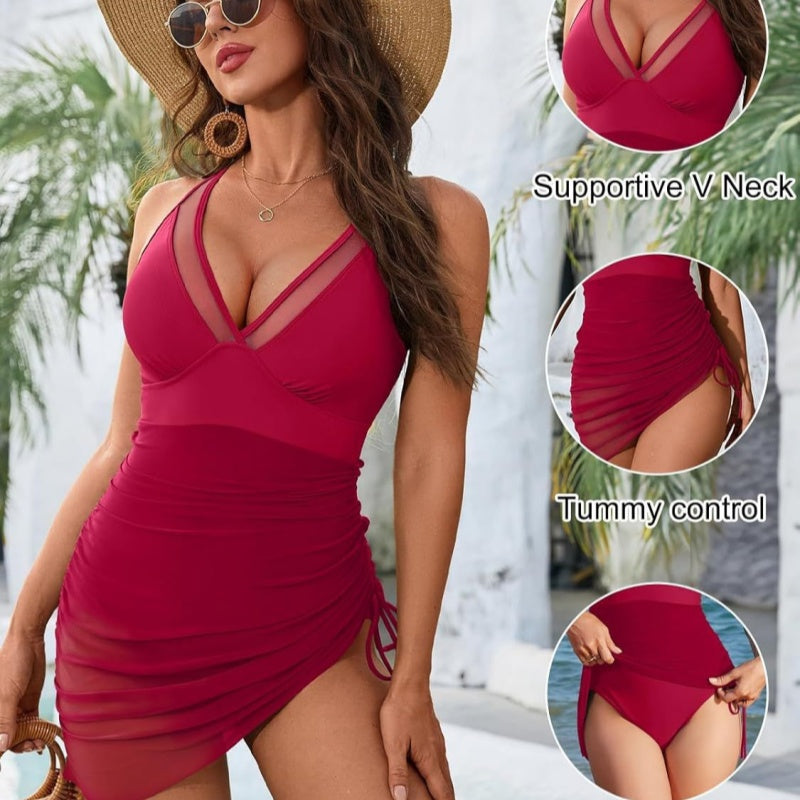 Shaped swimsuit dress with mesh insert & wrap look – Melina-Black-S-State of Style