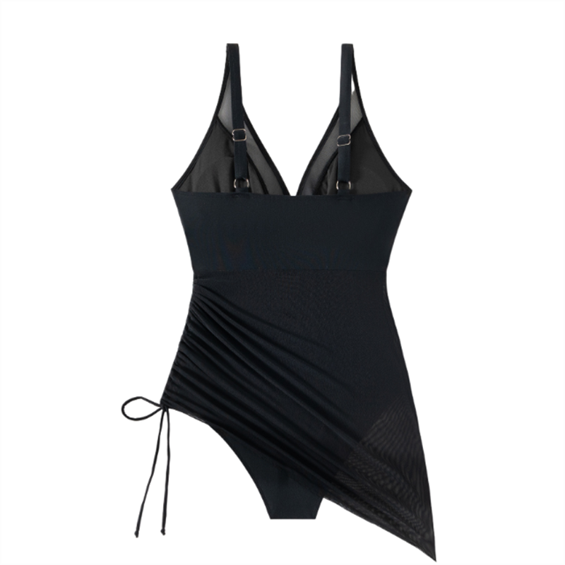 Shaped swimsuit dress with mesh insert & wrap look – Melina-Black-S-State of Style