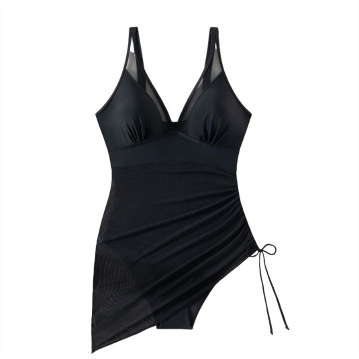 Shaped swimsuit dress with mesh insert & wrap look – Melina-Black-S-State of Style