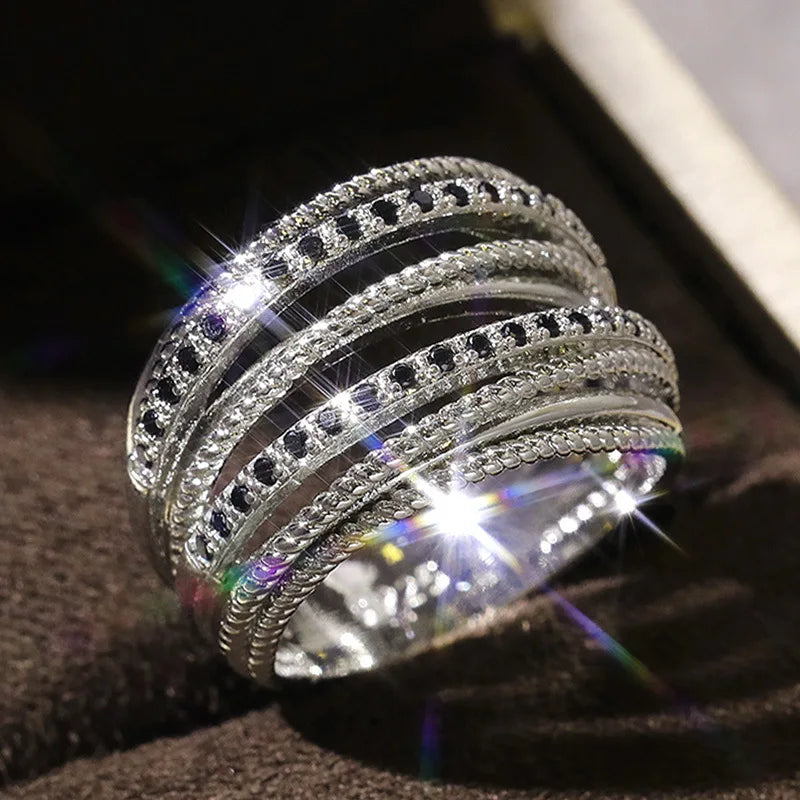 Shimmering Office Silver Rings | Elegant Statement Jewellery-Black Diamonds-8-State of Style