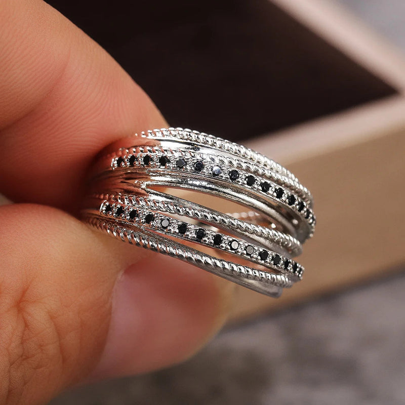 Shimmering Office Silver Rings | Elegant Statement Jewellery-Black Diamonds-8-State of Style