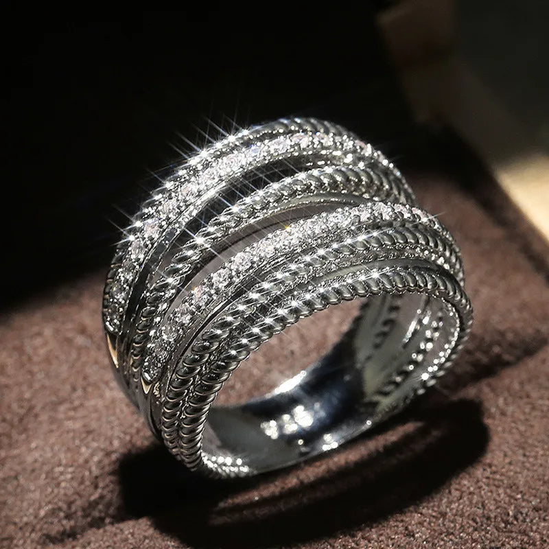 Shimmering Office Silver Rings | Elegant Statement Jewellery-White Diamonds-8-State of Style