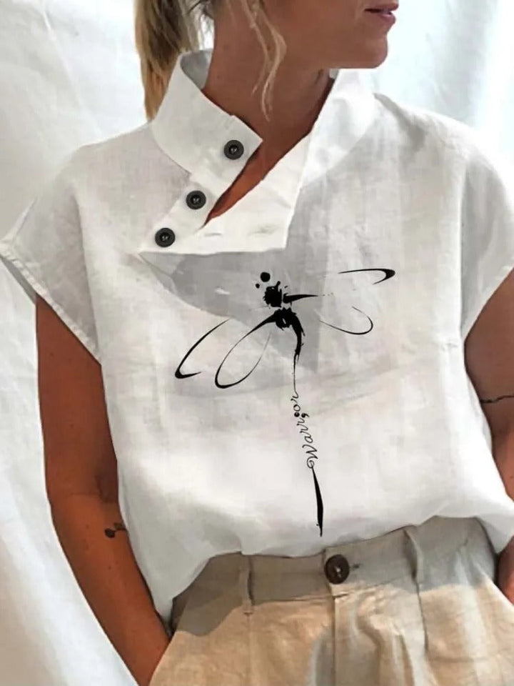 Short-sleeve blouse shirt with playful print – Felicia-Black dragonfly-S-State of Style