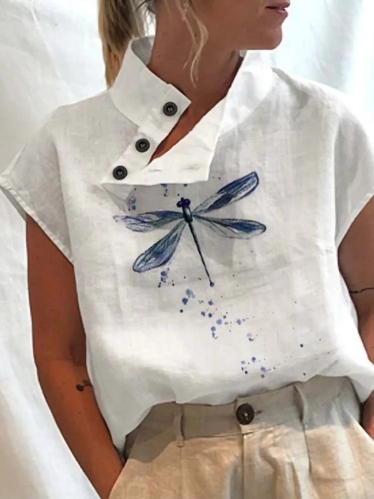 Short-sleeve blouse shirt with playful print – Felicia-Large dragonfly-S-State of Style