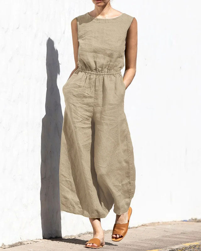 Sleeveless jumpsuit with wide leg – Aurelia-Khaki-S-State of Style