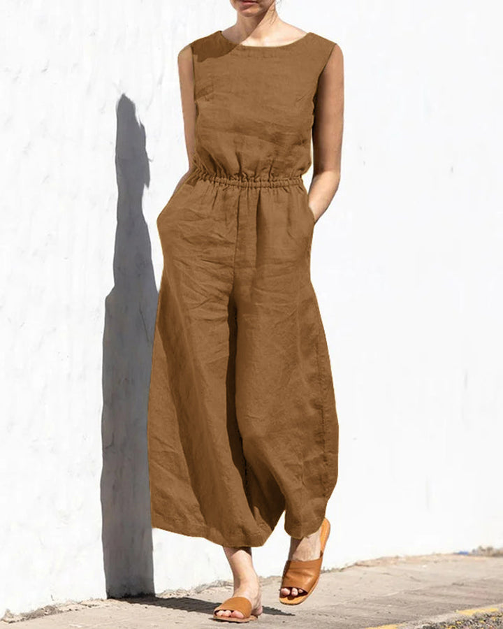Sleeveless jumpsuit with wide leg – Aurelia-Light brown-S-State of Style