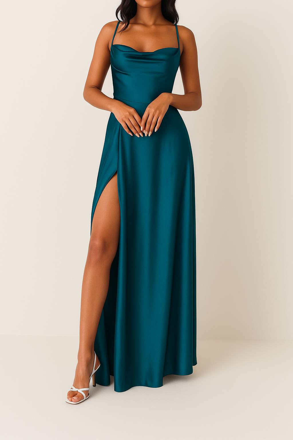 Sleeveless Silk Maxi Dress with High Slit – Serena-Blue-S-State of Style