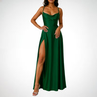 Sleeveless Silk Maxi Dress with High Slit – Serena-Green-S-State of Style
