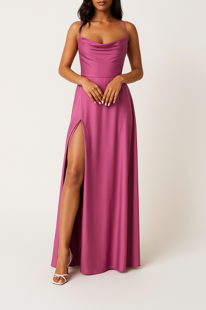 Sleeveless Silk Maxi Dress with High Slit – Serena-Pink-S-State of Style