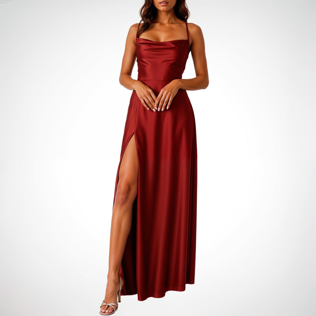 Sleeveless Silk Maxi Dress with High Slit – Serena-Red-S-State of Style