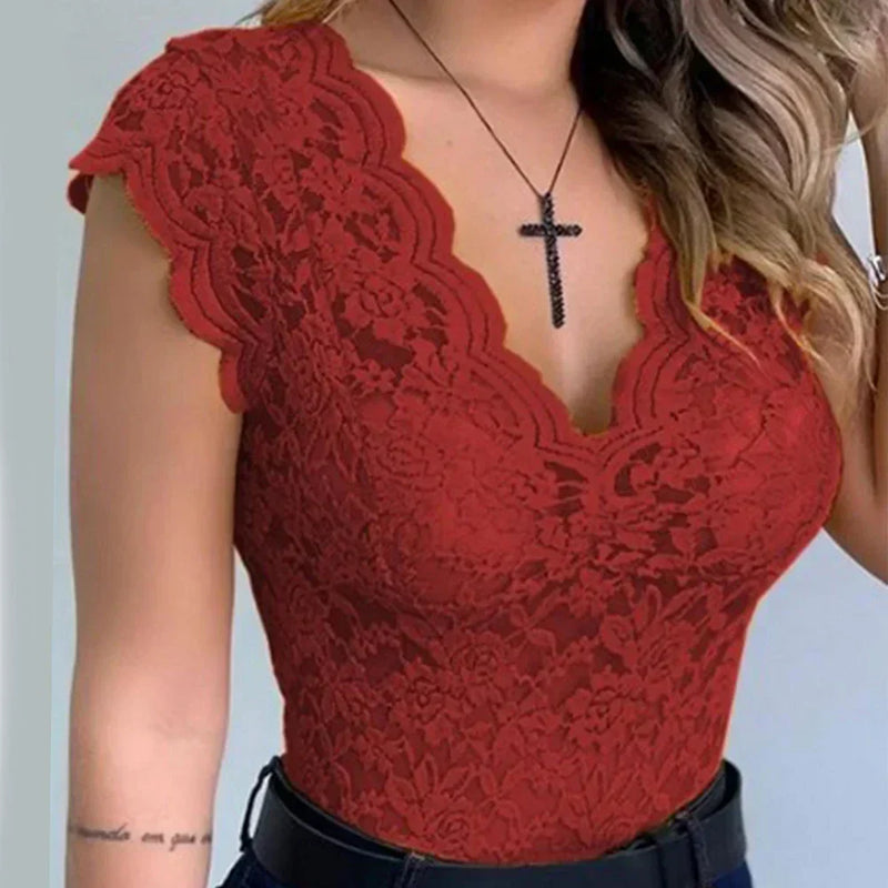 Slim Fit Sleeveless Lace Top - Elise-Red-S-State of Style