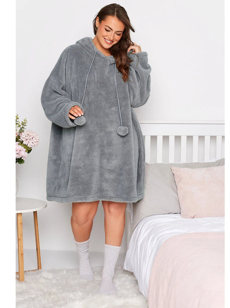 Snuggle Plus Oversized Teddy Hoodie Dress-Grey-3XL-State of Style