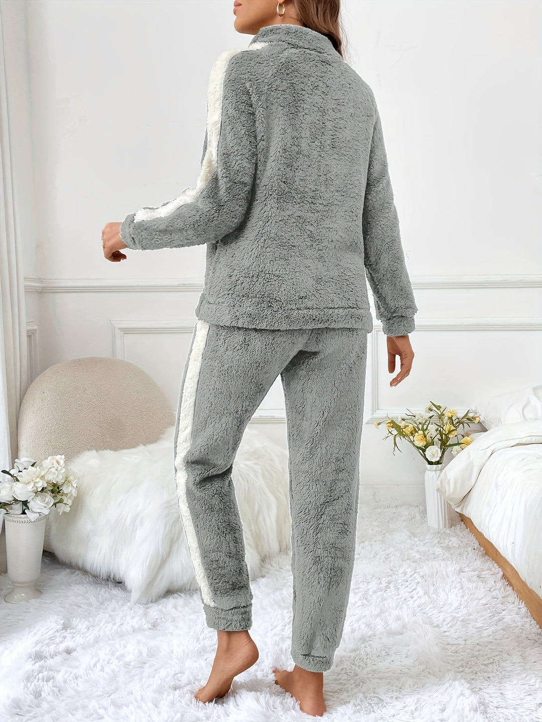 Soft Plush Lounge Pyjama Set with Colour Accents - Lyra-Brown-S-State of Style