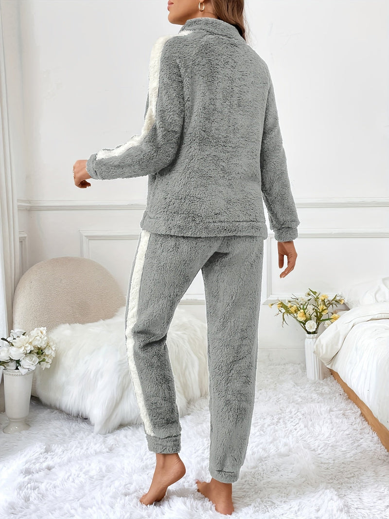 Soft Plush Lounge Pyjama Set with Colour Accents - Lyra-Brown-S-State of Style