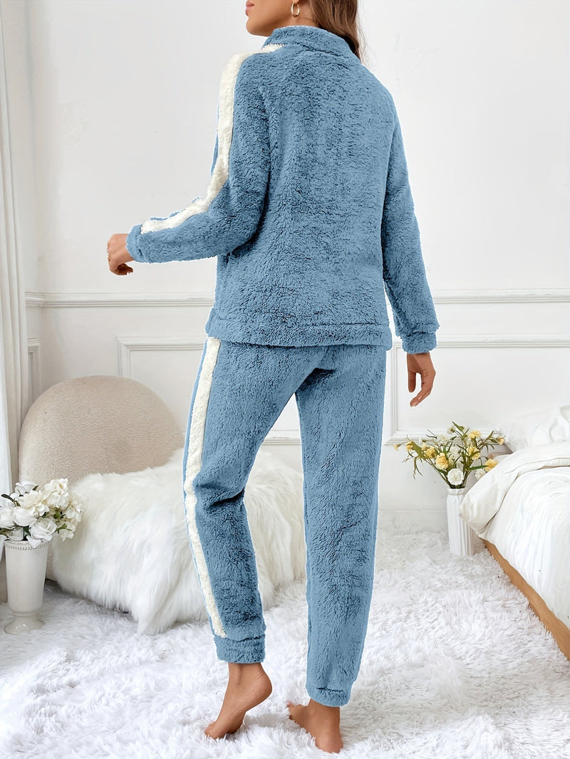 Soft Plush Lounge Pyjama Set with Colour Accents - Lyra-Brown-S-State of Style
